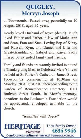 Death <b>Notices</b>; <b>Funeral</b> <b>Notices</b>;. . Toowoomba chronicle funeral notices